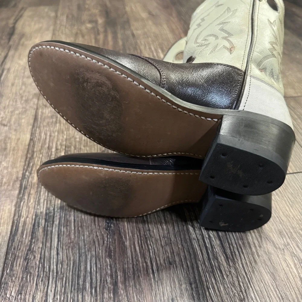 Old West Unisex Toddler Western Cowboy Boots Cream Brown Leather‎ Size 045